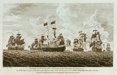 12枚の海戦のプリント。1759年8月18日、ラゴス岬沖で、ド・ラ・クリュー氏率いるフランス艦隊が、エドワード・ボスコウェン海軍大将の指揮下にある陛下の艦隊に撃破された。Boscawen Adml of the Blue