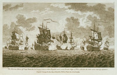 12枚の海戦の版画。1757年10月21日、フランソワ岬沖でのイングランド軍とフランス軍7隻の戦艦との間で行われた栄光の戦闘。（エッチング） 作： Francis Swaine