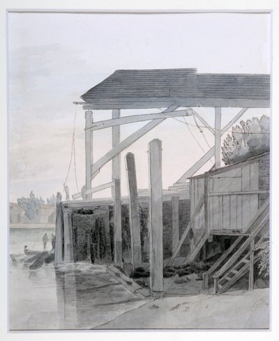 埠頭、1800年頃（紙に水彩でペンとインク） 作： Francis Towne
