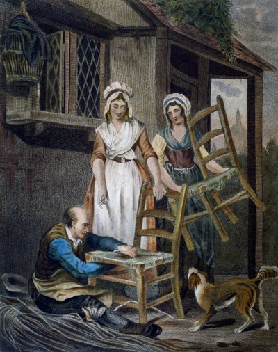 フランシス・ウィートリー（1747-1801）による彫刻「籐の椅子の座面を作る」（イギリス・ロンドンのCriesより 作： Francis Wheatley