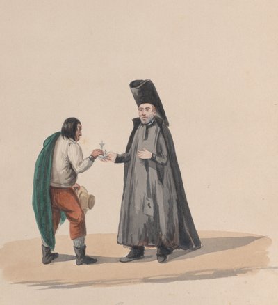 ペルーの衣装を描いたデッサン群から、男性に十字架を手渡すカノン（1848年 作： Francisco