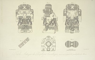 メキシコシティのグランドプラザの下で発見された玄武岩質ポルフィリのアステカの偶像、クロケの彫刻、アレクサンダー・フォン・フンボルトとアイム・ボンプランの「Vues des Cordillères et Monumens des Peuples Indigènes de l