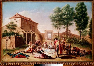 田舎でのランチ：ブルジョアジーの若者がピクニックをします。フランシスコバイユーイスビアスの絵画 作： Francisco Bayeu y Subias