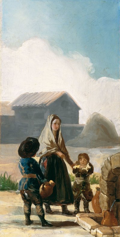 噴水のそばの女性と二人の子供 作： Francisco de Goya