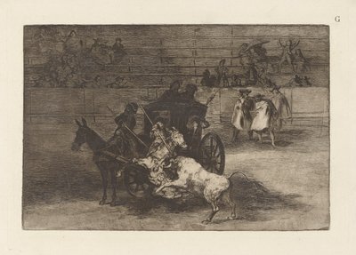二匹のラバにつながれた馬車で戦う、La tauromaquia のプレート G (第 3 版) 作： Francisco de Goya