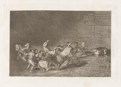 単一の雄牛によって次々に投げられるピカドールの2つのチーム 作： Francisco de Goya