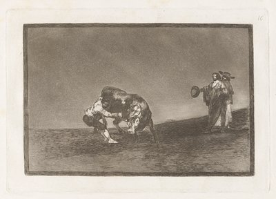 彼自身がマドリッド広場で雄牛をひっくり返す (The Same Man Throws a Bull in the Ring at Madrid), Plate 16 from La tauromaquia 作： Francisco de Goya