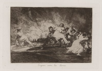 彼らは炎の中を逃げる、『戦争の惨事』のプレート 41 作： Francisco de Goya