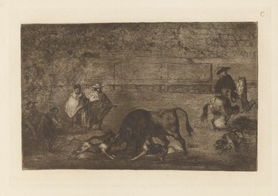 雄牛の上で解き放たれた犬たち、La tauromaquia のプレート C (第 3 版) 作： Francisco de Goya