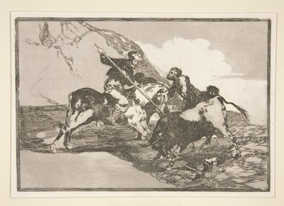 古代スペイン人はどのように雄牛を狩ったのですか? 野原の馬（古代スペイン人が野原で馬に乗って雄牛を狩る方法）、pl。 シリーズからの 1 闘牛 作： Francisco de Goya
