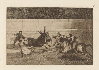 The Death of Pepe Illo (ペペ イッロの死、第 2 構成)、The Bull Maquia (第 3 版) のプレート E 作： Francisco de Goya