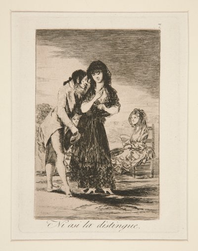 Ni asi la distingue (Even Also He Cannot Make Her Out), pl. ロス カプリチョスから 7 作： Francisco de Goya