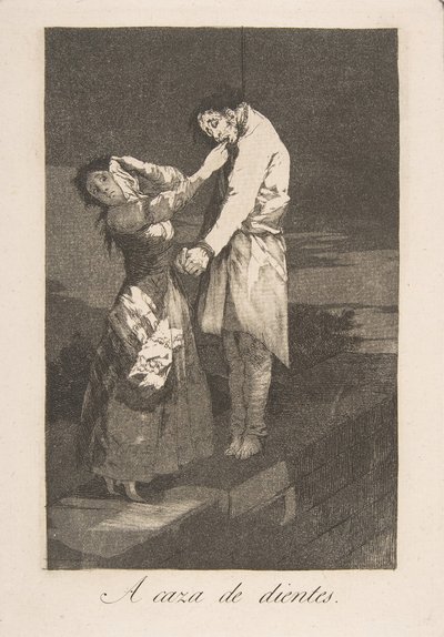 ロスカプリチョスのプレート12：歯を探して狩るA caza des dientes。、1799。 作： Francisco de Goya