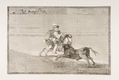 「タウロマキア」のプレート 13: 短い槍を壊す土俵に乗ったスペイン騎馬騎士 ..., 1816. 作： Francisco de Goya