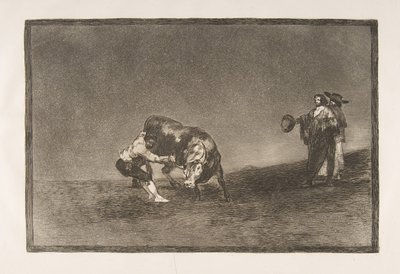 タウロマキアのプレート16：同じ男がマドリードでリングに雄牛を投げます。1816年。 作： Francisco de Goya