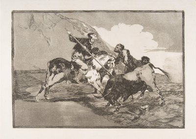 タウロマキアのプレート1：古代スペイン人が馬を雄牛で狩る方法、1816年。 作： Francisco de Goya