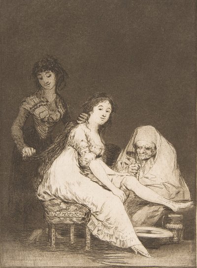 「Los Caprichos」のプレート 31: 彼女は彼女のために祈る Pray for her., 1799. 作： Francisco de Goya