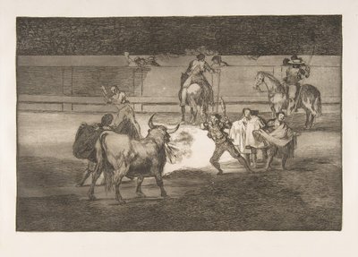 タウロマキアのプレート31：爆竹を使ったバンデリラ。1816年。 作： Francisco de Goya