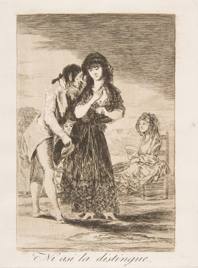 「Los Caprichos」のプレート 7 : それでも、彼は Ni asi la distingue., 1799. 作： Francisco de Goya