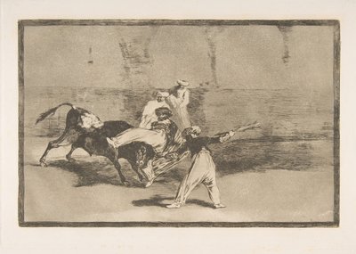 「タウロマキア」のプレート 8: リングで雄牛に捕まったムーア人、1816 年。 作： Francisco de Goya