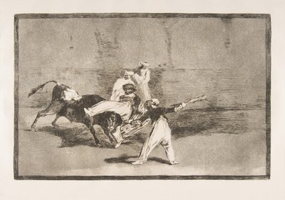 タウロマキアのプレート8：リングの雄牛が捕らえた湿原、1816年。 作： Francisco de Goya