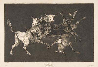 DisparatesからのプレートD：愚か者またはリトルブルズ-愚かさ、ca。 1816-23は1877年に発行されました。 作： Francisco de Goya