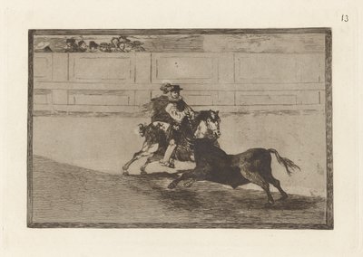 Un caballero espa?ol en plaza quebrando rejoncillos sin auxilio de los chulos (助っ人の助けを借りずに短い槍を壊す土俵のスペイン騎馬騎士)、「ラ タウロマキア」のプレート 13 作： Francisco de Goya