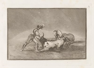 スペインの騎士が馬を失った後に雄牛を殺す、「ラ タウロマキア」のプレート 9 作： Francisco de Goya