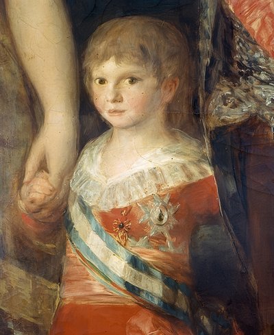 スペインのシャルル4世の家族。 1800-01。詳細：フランシスコデポーラアントニオ幼児 作： Francisco de Goya