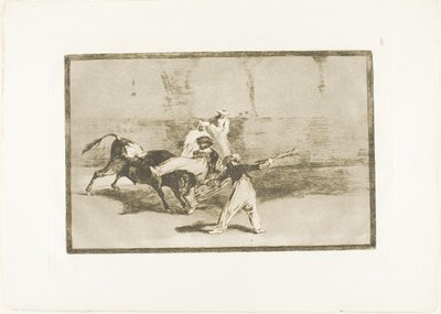 闘牛場の雄牛に捕らえられたムーア人、『闘牛の芸術』のプレート 8 作： Francisco Jose de Goya y Lucientes