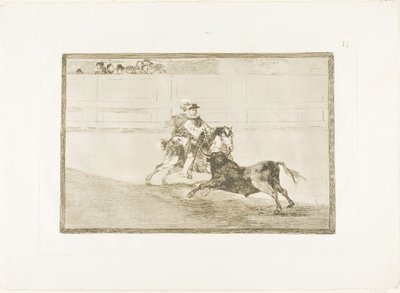 土俵上で助っ人なしで短い槍を打ち砕くスペイン騎馬騎士、The Art of Bullfighting のプレート 13 作： Francisco Jose de Goya y Lucientes