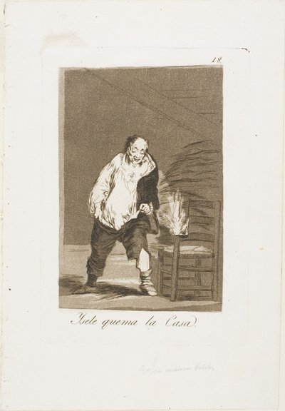 そして彼の家は燃えている、『ロス・カプリチョス』のプレート 18 作： Francisco Jose de Goya y Lucientes