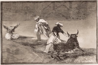 闘牛。ムーア人は囲いの中で他の雄牛とマントを着て遊ぶ 作： Francisco de Goya