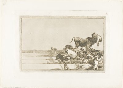 マドリッドのリングの最前列での恐ろしい出来事とトレホン市長の死、The Art of Bullfighting のプレート 21 作： Francisco Jose de Goya y Lucientes