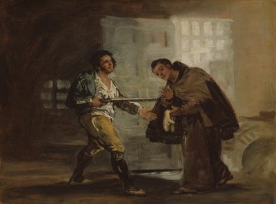 ペドロ修道士、エル・マラガトに靴を差し出し、銃を押しのけようとする 作： Francisco Jose de Goya y Lucientes
