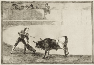 GOYA Y LUCIENTES、Francisco de (1746-1828)。 止まった雄牛を殺すペドロ・ロメロ。 1816. (25.1 x 35.9 cm)。 ロメロ、ペドロ（1754-1839）。 スペインの闘牛士。 「闘牛の芸術」のプレート30。 エッチング。 スペイン。 マドリッド (自治コミュニティ)。 マドリード。 全国 作： Francisco Jose de Goya y Lucientes