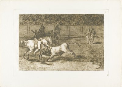 インディアンの別名であるマリアーノ・セバージョスは、馬から雄牛を殺します。『The Art of Bullfighting』のプレート 23 作： Francisco Jose de Goya y Lucientes