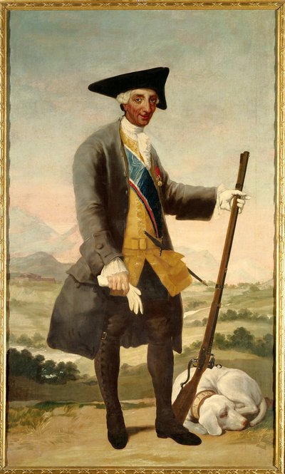 フィリップ5世の息子、狩人となったシャルル3世（1716-1788）の足元の肖像 フランシスコ・デ・ゴヤ（1746-1828）による絵画 油彩・キャンバス 作： Francisco de Goya