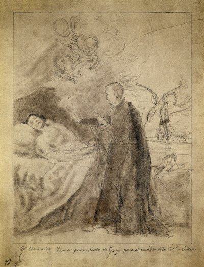 死にかけている無念のベッドサイドでの聖フランソワ（フランシス）ボルジア（1510-1578）。 Francisco de Goya y Lucientes (1746-1828) による 1788 年のデッサン。 あすな家から依頼された同名の絵の下絵。 プラド美術館、マドリッド。 作： Francisco Jose de Goya y Lucientes