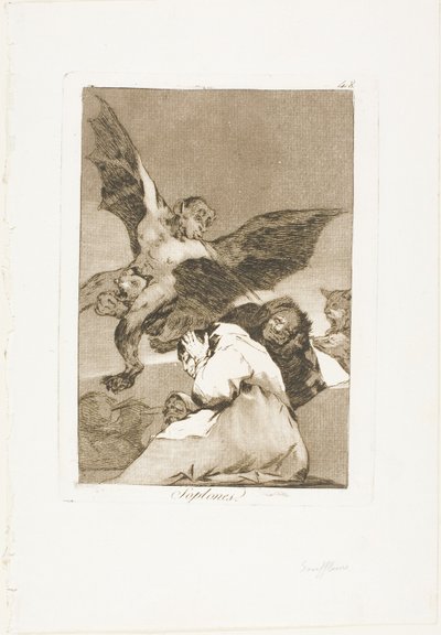 Tale-Bearers - Blasts of Wind、Los Caprichos のプレート 48 作： Francisco Jose de Goya y Lucientes