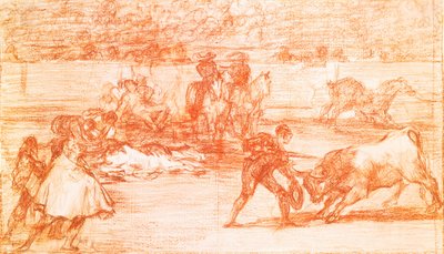 闘牛: 闘牛士は松葉杖の代わりに帽子をかぶって戦う準備をします. フランシスコ・デ・ゴヤ・イ・ルシエンテス（1746-1828）による楽園のデッサン。 1815-1816。 マドリード。 プラド美術館 作： Francisco Jose de Goya y Lucientes