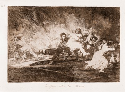 The Disasters of War : They escape through the flames (etching from drawing) 作： Francisco de Goya