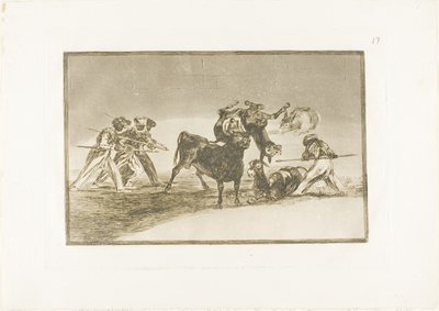 ムーア人はロバを障壁として使って、角の先端にボールがついた雄牛から身を守ります。 The Art of Bullfighting のプレート 17 作： Francisco Jose de Goya y Lucientes
