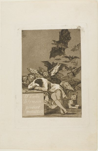 The Sleep of Reason Produces Monsters、『ロス カプリチョス』のプレート 43 作： Francisco Jose de Goya y Lucientes