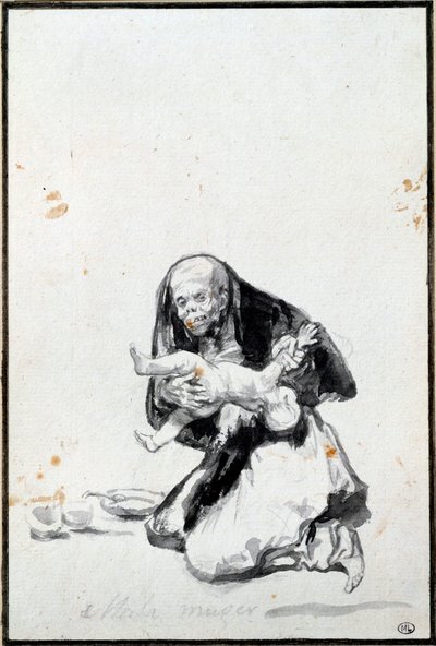 悪い女（Mala mujer）。邪悪な女。人肉食のシーン、魔女が子供を食い殺す。フランシスコ・ゴヤ・イ・ルシエンテス（1746-1828）のグレーの水彩画 日。0.21x0.14 m パリ、ルーヴル美術館（Musee du Louvre 作： Francisco de Goya