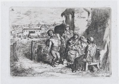 プレート 16: 容器からワインや水を注いでいる男性を含む屋外の人々のグループ..., 1850. 作： Francisco Lameyer Berenguer