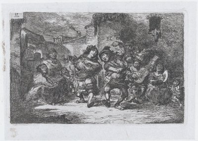 プレート 17: 1850 年の一連の習慣と娯楽からのストリート ミュージシャンとダンスの人物。 作： Francisco Lameyer Berenguer