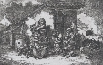 プレート 19: 家の外で犬と遊ぶ家族と少年、1850 年の一連の習慣から。 作： Francisco Lameyer Berenguer