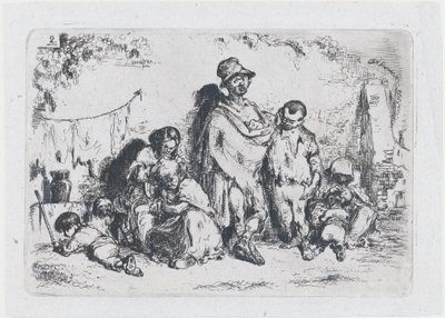 プレート 2: 通行人の一団、おそらく物乞い、一連の税関から…、1850 年。 作： Francisco Lameyer Berenguer