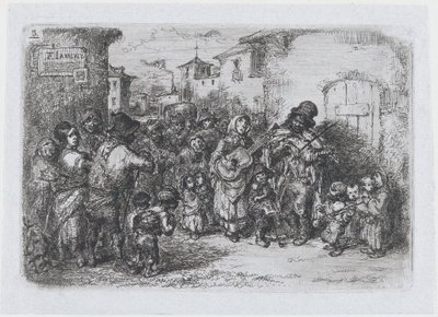 プレート 3: ストリート ミュージシャンのグループ、スペインの一連の習慣と娯楽から..., 1850. 作： Francisco Lameyer Berenguer